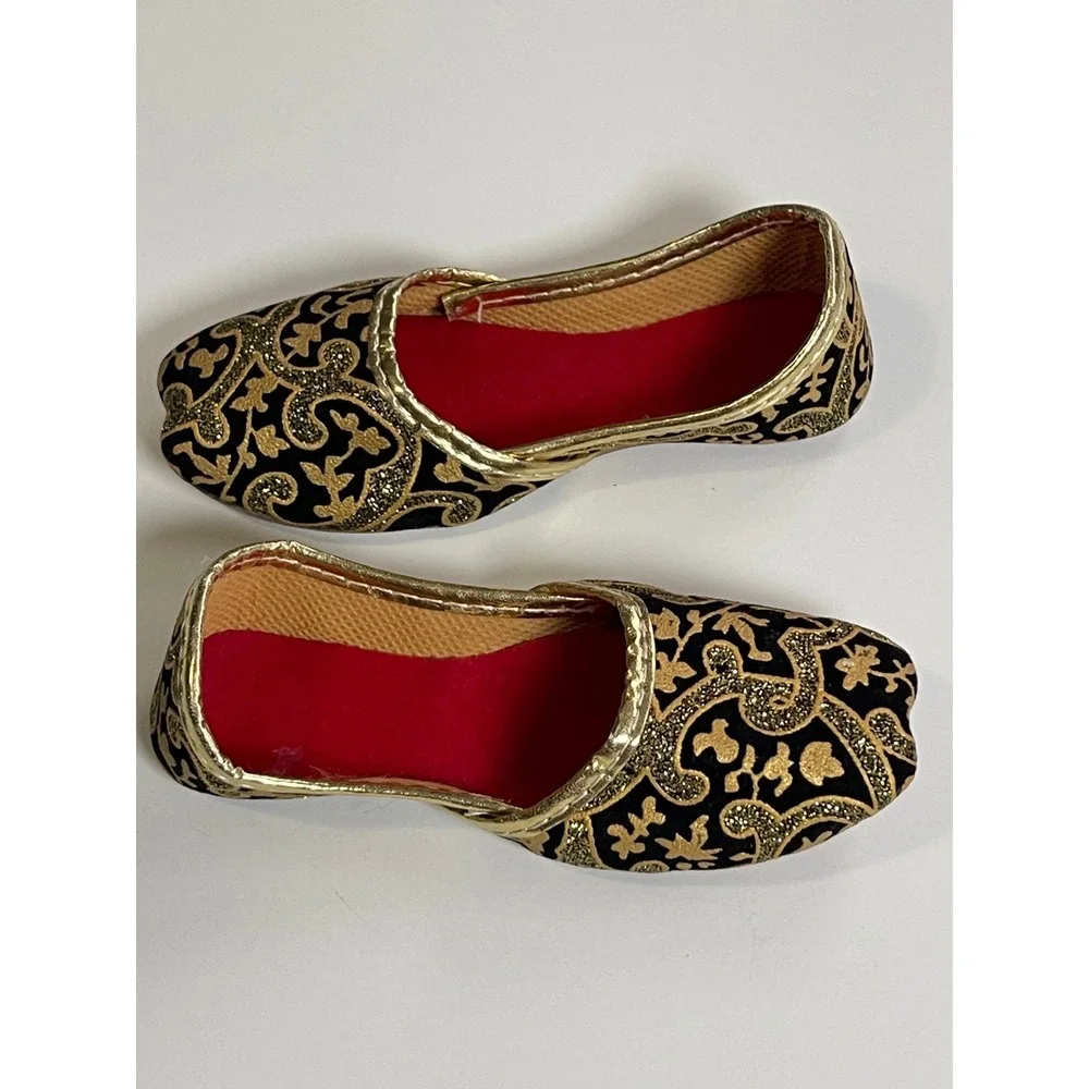 Kids Indian Ethnic Mojari Jutti Flats Black Gold Glitter Embroidery Size 6